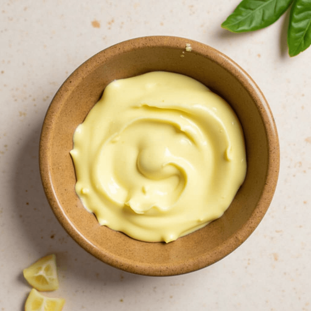 Vegan mayo made with aquafaba in a clear jar, creamy and smooth, next to fresh ingredients