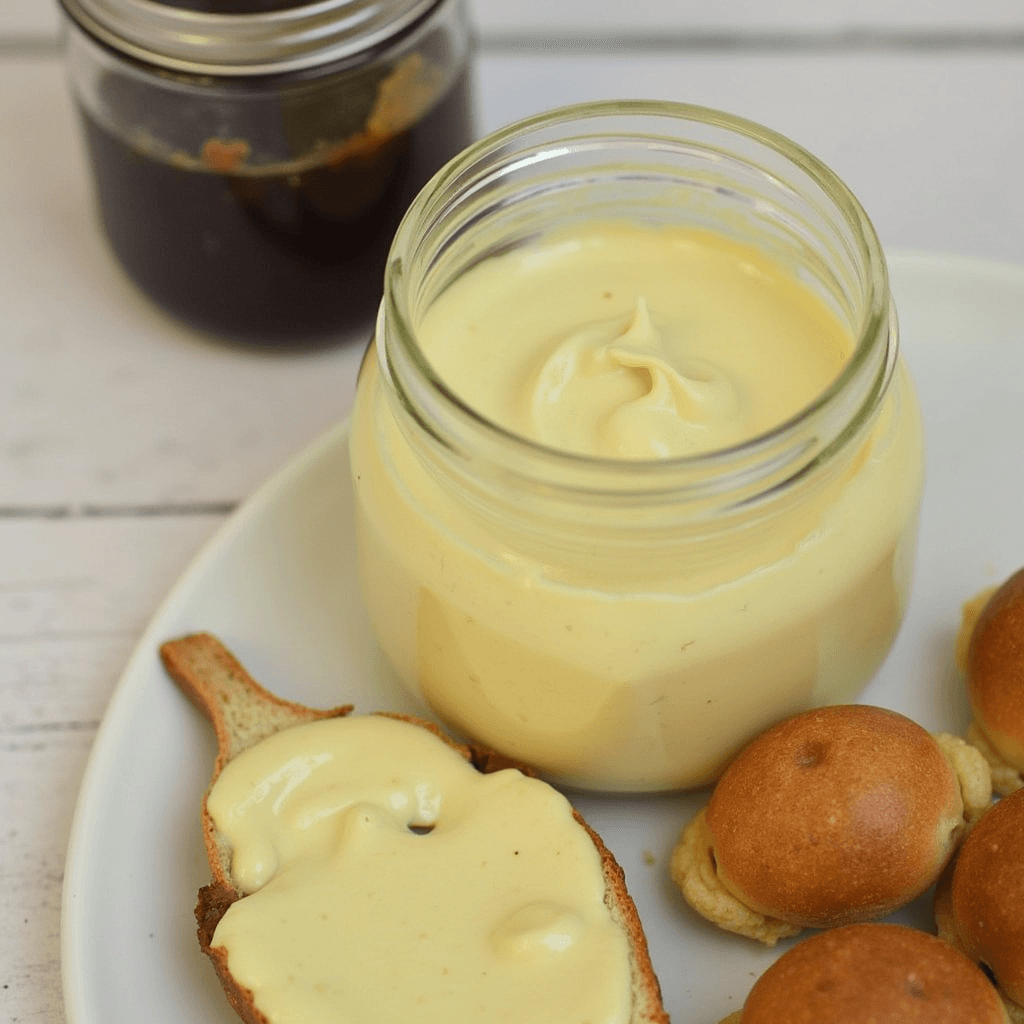 Smooth and creamy vegan mayo in a jar with a spoon, perfect for sandwiches and salads