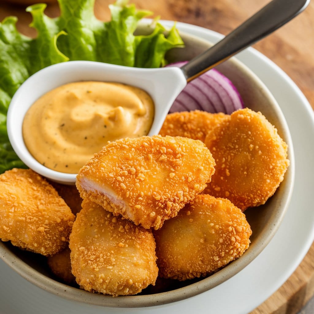 A platter of homemade chicken nuggets, accompanied by a bowl of creamy honey mustard sauce.