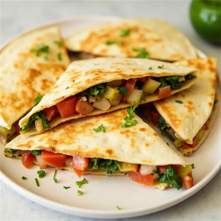 Vegetable quesadilla filled with spiced veggies and melted cheese, cut into wedges.