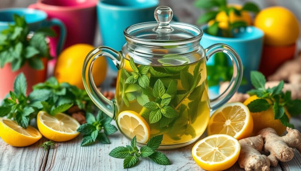 A cozy setting with a steaming cup of lemon balm tea on a light-colored table, accompanied by a honey jar and a sprig of lemon balm for garnish.