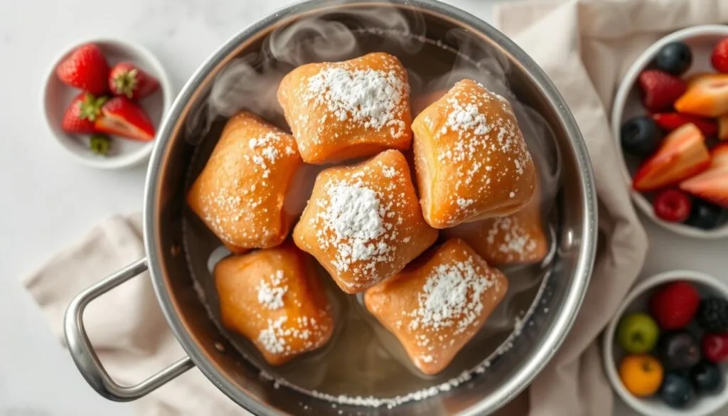 Overhead view of freshly made jelly-filled beignets on a cooling rack, with jam and sugar nearby for serving.