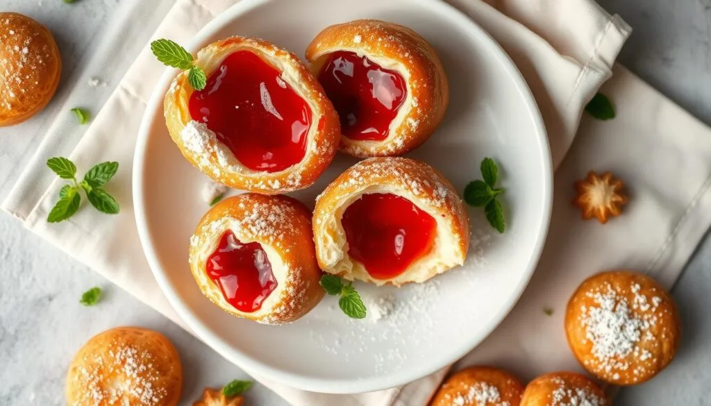 A plate of golden French beignets filled with sweet jelly, topped with a light sprinkle of powdered sugar.