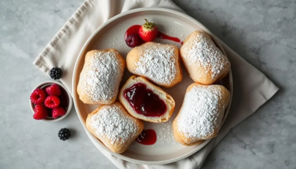 Close-up of fluffy French jelly-filled beignets dusted with powdered sugar, showing the jam oozing out.