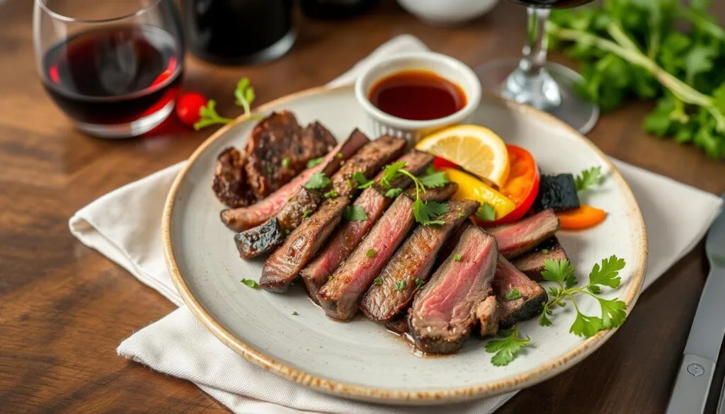  A close-up of thinly sliced, perfectly seared steak, lightly seasoned and served on a white plate with a garnish of fresh rosemary and a lemon wedge.