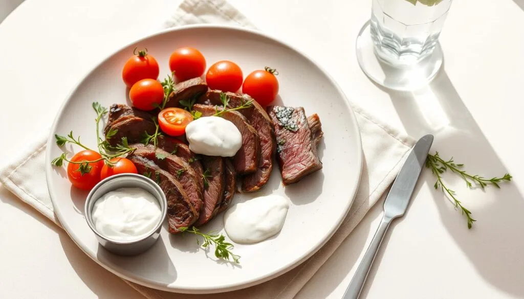 Juicy, thin-cut steak slices arranged on a cutting board, with herbs and a lemon wedge, showcasing a quick, easy weeknight dinner option.