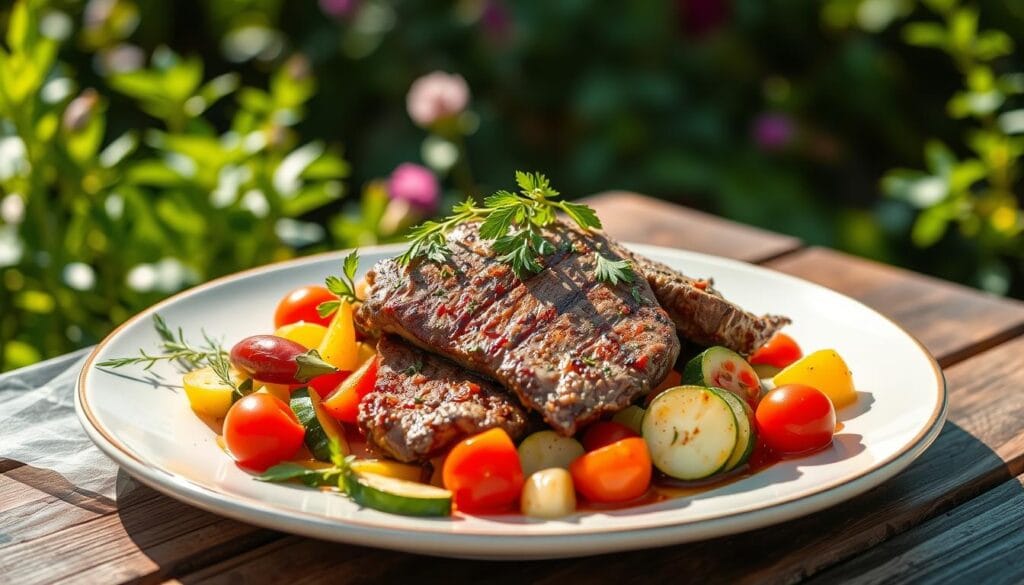 A vibrant summer salad with thinly sliced beef, fresh greens, cherry tomatoes, cucumber, and red onion, drizzled with balsamic dressing on a white plate.