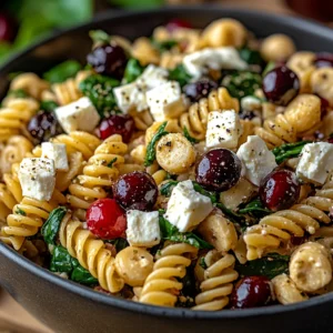 Spinach pasta salad with feta and cranberries