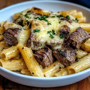 Garlic Butter Steak Tips with Cheesy Rigatoni